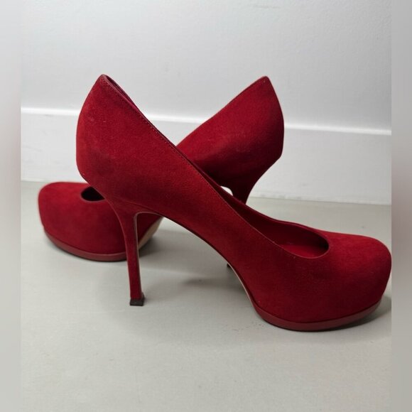 Saint Laurent Red/Coral Suede Tribtoo Platform Pumps – Size 39 - Picture 12 of 16